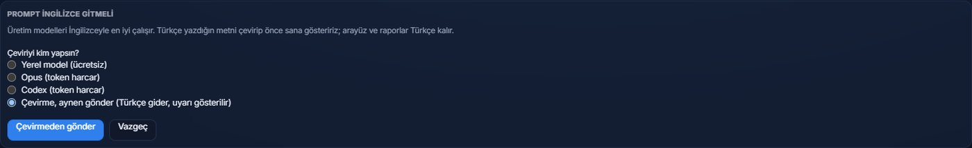 Çeviri paneli: Yerel model, Opus, Codex ya da çevirmeden gönder seçenekleri.