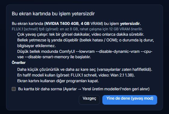 Düşük bellek modu uyarısı: kart adı, VRAM, yavaşlık ve bellek hatası uyarısı, öneriler, "Vazgeç" ve "Yine de dene (yavaş mod)" düğmeleri.