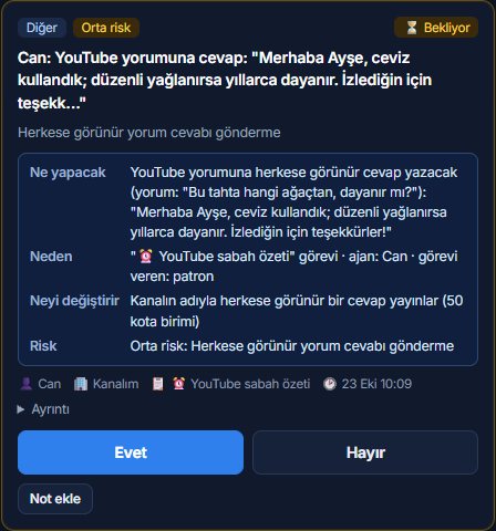 Onay kartı: YouTube yorumuna herkese görünür cevap. Ne yapacak, neden, neyi değiştirir (kanal adına herkese görünür bir cevap), risk: orta. Yorum ve isimler örnek veridir.